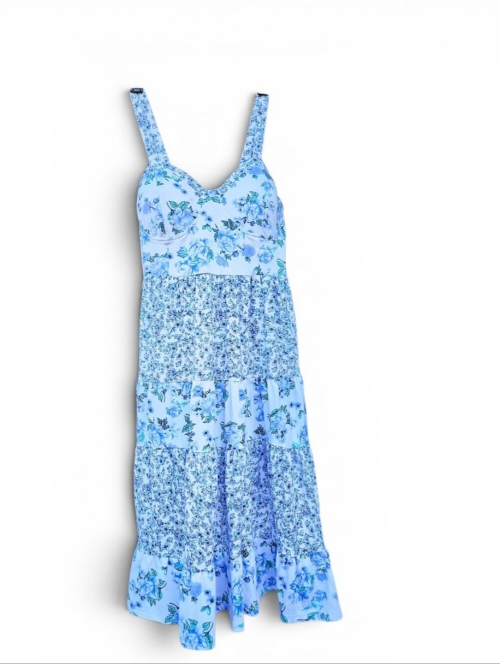 Almost Famous Floral Patchwork Tiered Bustier Maxi Dress Blue White Size Large